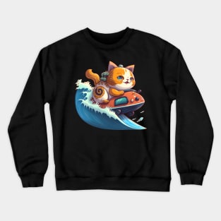 cat surfing with boat Crewneck Sweatshirt